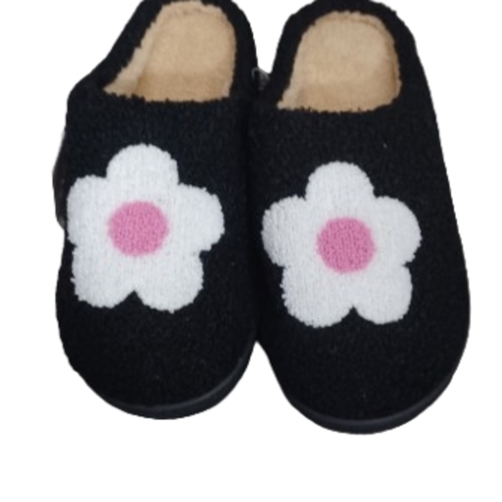 Cozy Non Skid Black Slippers with Floral Design Rubber Bottom